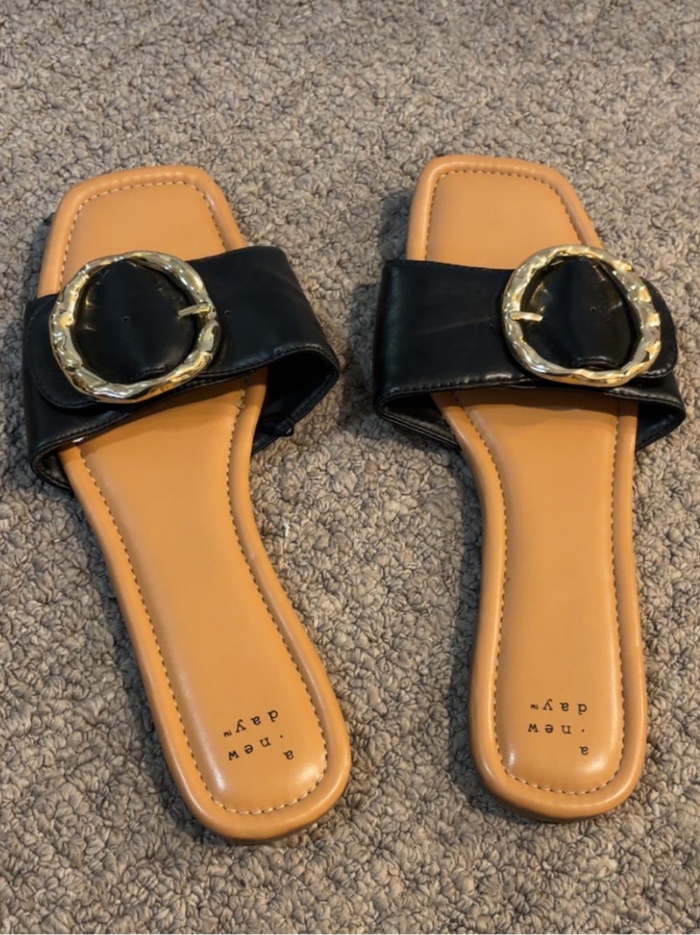 a new day Black Slide Sandals with Gold Circular Buckle